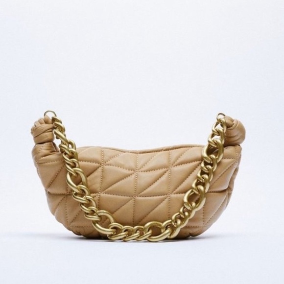 ✨ZARA✨Tan Leather Quilted Chain Strap Shoulder Bag - Picture 1 of 8